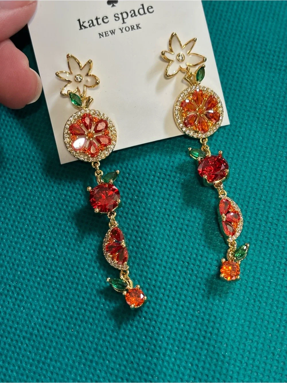 kate spade gold-tone orange & red floral drop earrings with green accents
